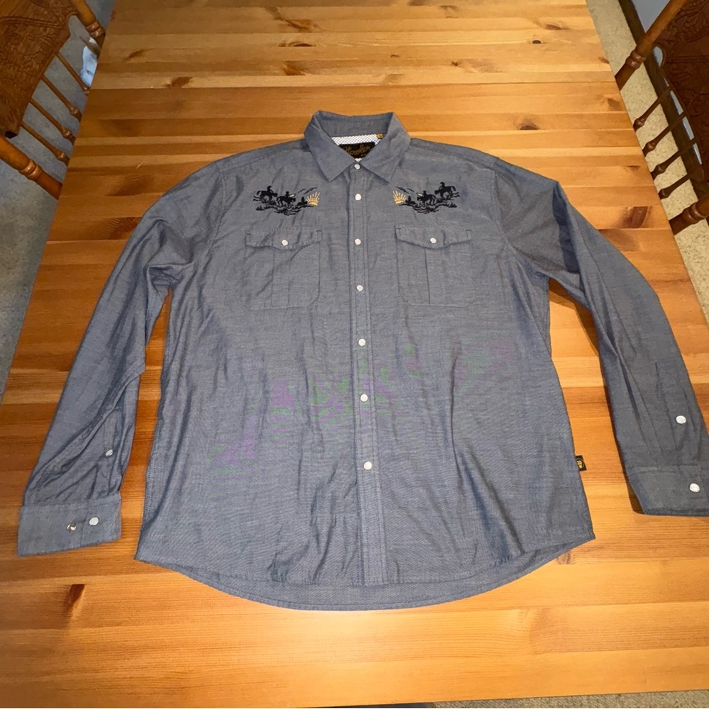 Howler Bros Western Shirt Men’s L Grey Gaucho Pearl Snap Surf Cowboy Sunset Logo